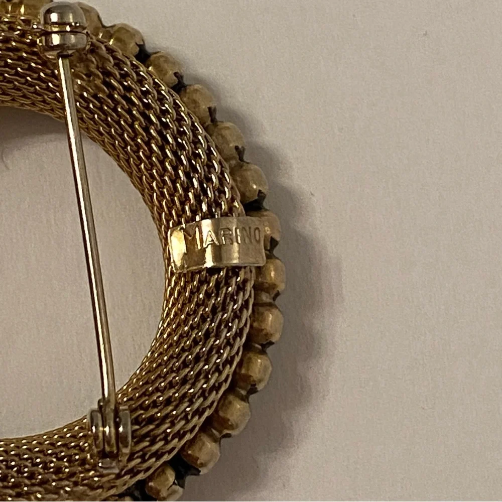 MARINO BROOCH PIN GOLD TONE MESH CIRCLE STRANDS GREEN WRAPPED GLASS DANGLES